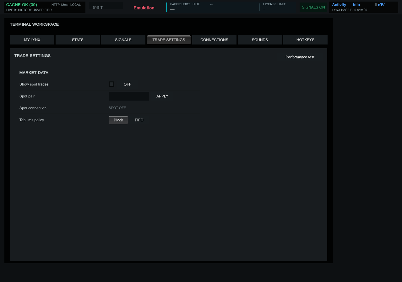 Trade Settings tab in Lynx